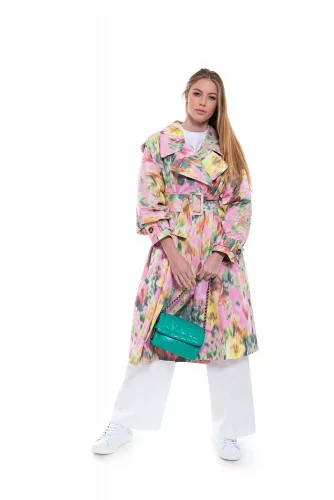Oversized trench with impressionist floral design