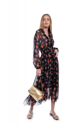 Chiffon dress with smock at the waist and floral print