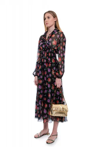 Chiffon dress with smock at the waist and floral print