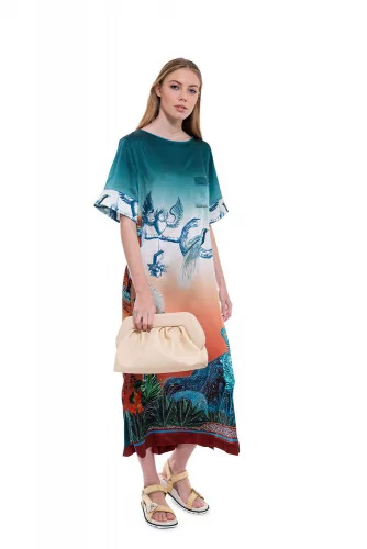 "Efialte" Short sleeved dress made of silk with prints