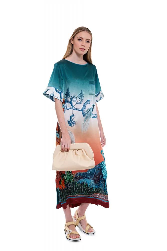 "Efialte" Short sleeved dress made of silk with prints