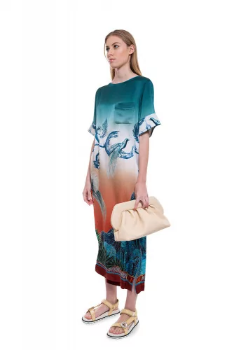 "Efialte" Short sleeved dress made of silk with prints