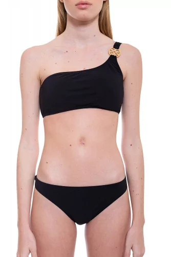 Bikini with asymmetrical top and decorated with the logo