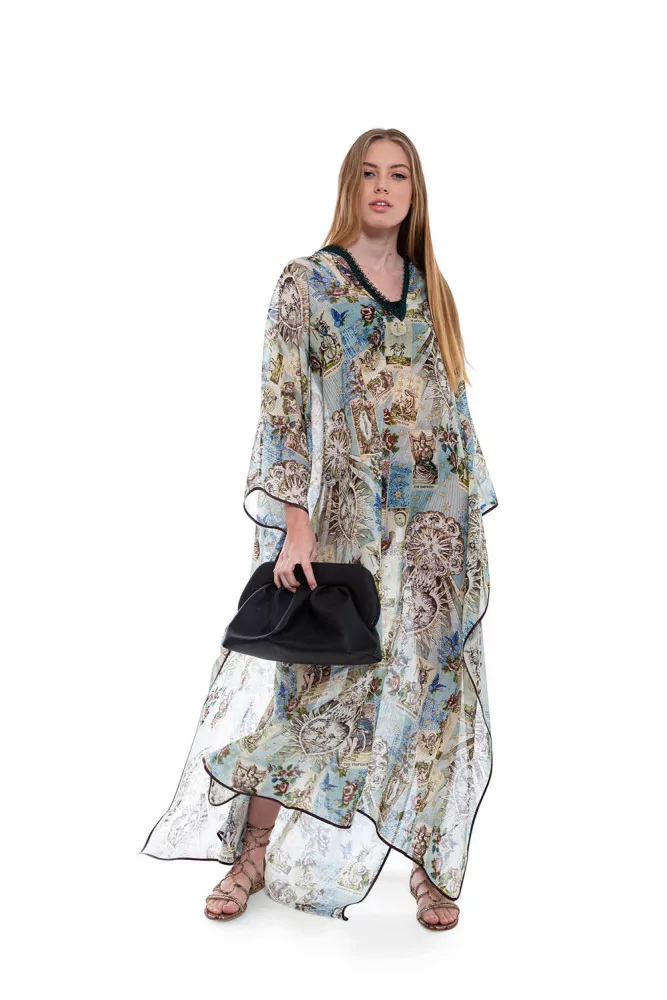 "Gige" silk and cotton Kaftan with V neckline