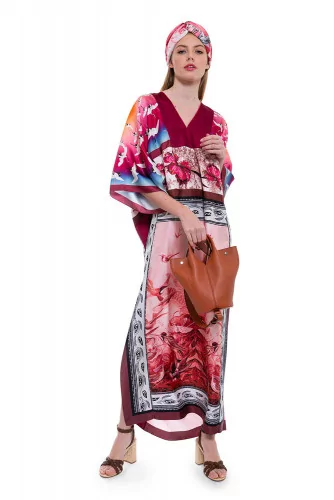 Silk twill dress kimono style with animal print