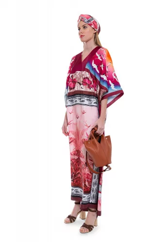 Silk twill dress kimono style with animal print