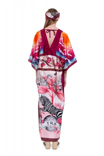 Silk twill dress kimono style with animal print