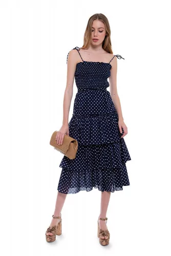 Cotton strapped dress with flounces and dots print