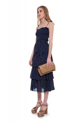 Cotton strapped dress with flounces and dots print