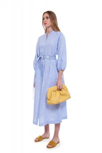 Linen striped skirt dress with crew neck