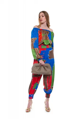 Silk trousers with colorful square print