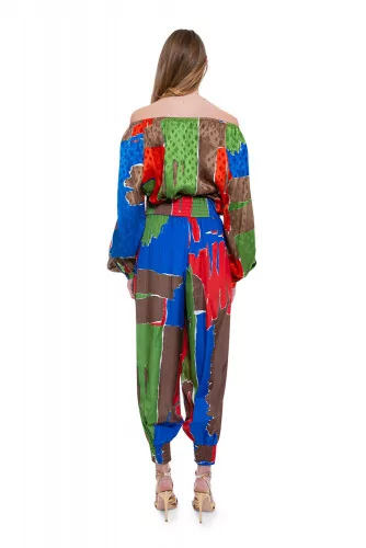 Silk trousers with colorful square print