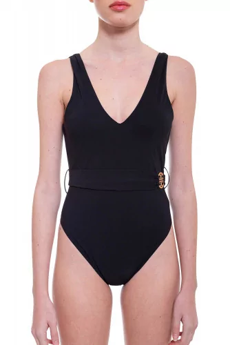 Bathing suit with draped belt and logo closing