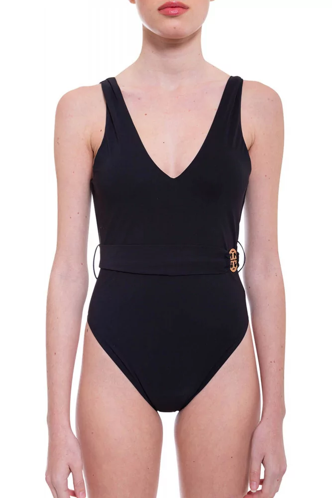 Bathing suit with draped belt and logo closing