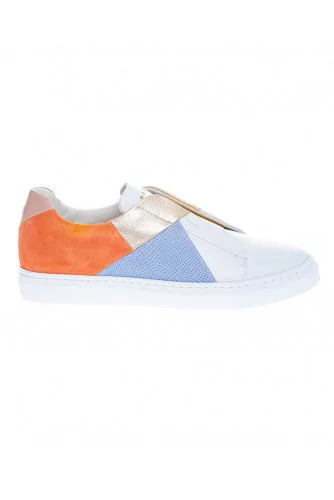 Sneakers with leather and colored yokes, elastic band