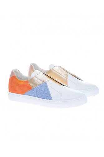 Sneakers with leather and colored yokes, elastic band