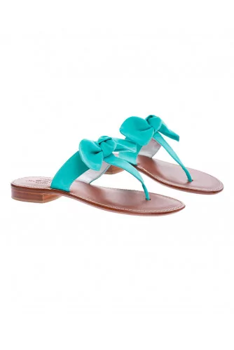 Suede toe thong mules with a decorative knot