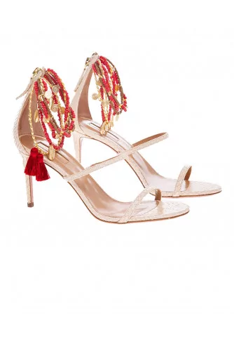 Sandale Aquazzura "India" crème-rouge et or avec talon 85 pour femme