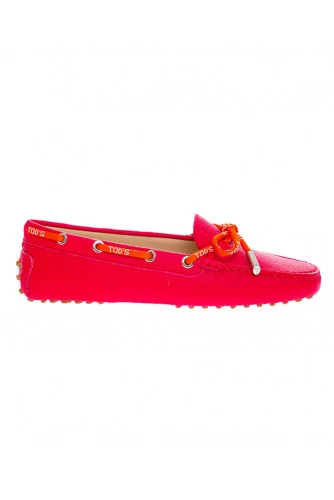 Mocassin Tod's "Lacetto" veau grainé fuschia tout picots lacet tissu orange