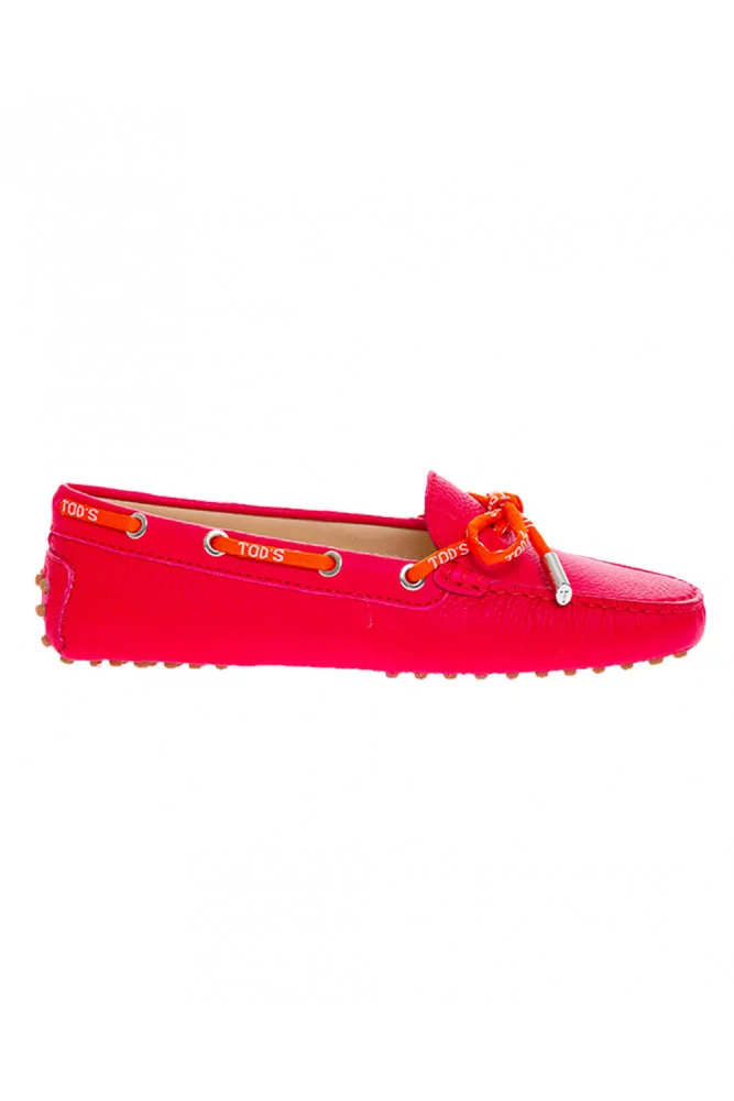 Mocassin Tod's "Lacetto" veau grainé fuschia tout picots lacet tissu orange