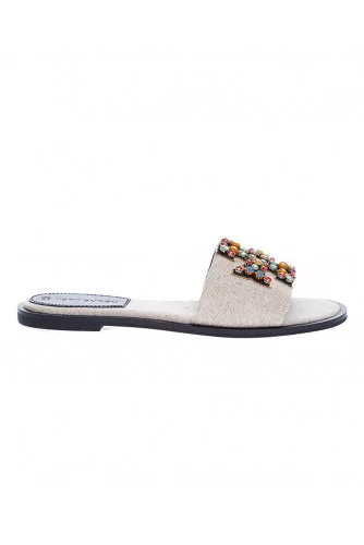 Ines - Flat canvas mules with logo decorated with colorful stones