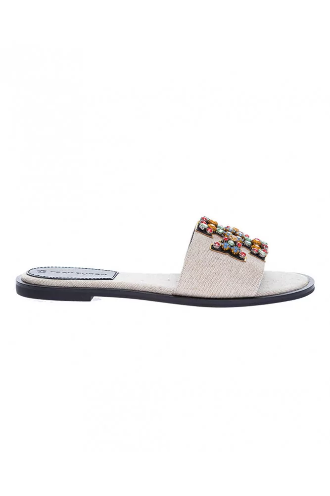 Ines - Flat canvas mules with logo decorated with colorful stones