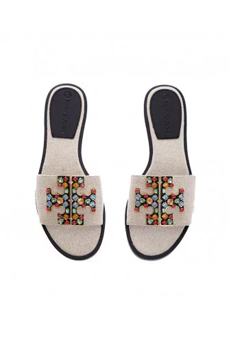 Ines - Flat canvas mules with logo decorated with colorful stones