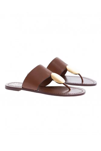 Camel colored toe thong mules with gold plate Tory Burch for women
