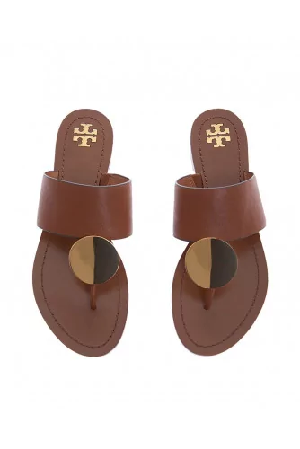 Camel colored toe thong mules with gold plate Tory Burch for women