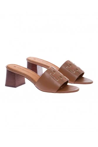 Ines - Mules en cuir avec logo souligné en or clair 55