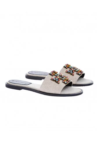 Ines - Flat canvas mules with logo decorated with colorful stones