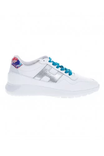 Tennis Hogan "I-cube" blanc-argent-rose-parme imprimé lézard pour femme