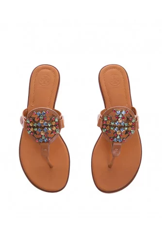 Mule Tory Burch "Cristal Miller" camel "T" en strass multicolor semelle gomme