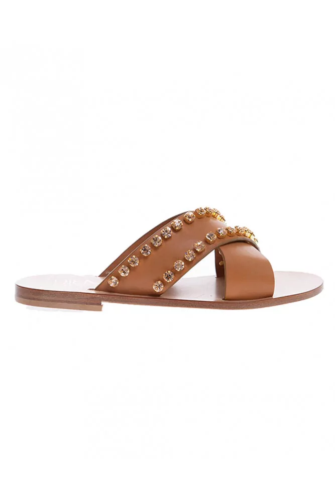 Dienne pour Jacques Loup - Mules en cuir avec bandes croisées et strass 20 37 pêche