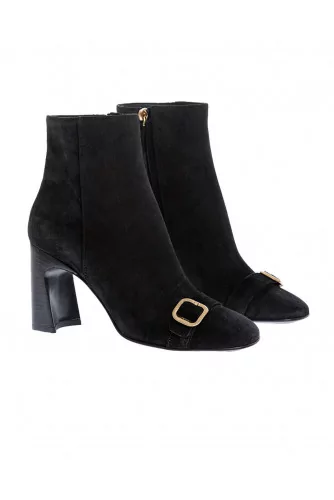 Suede low boots with golden metallic buckle 80