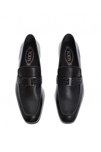 Mocassin Tod's veau noir avec patte tressée + logo T en acier brossé pour homme