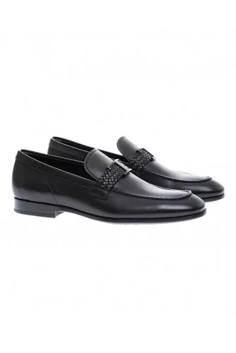 Mocassin Tod's veau noir avec patte tressée + logo T en acier brossé pour homme