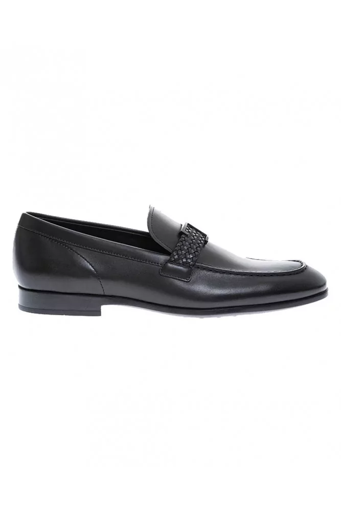 Mocassin Tod's veau noir avec patte tressée + logo T en acier brossé pour homme