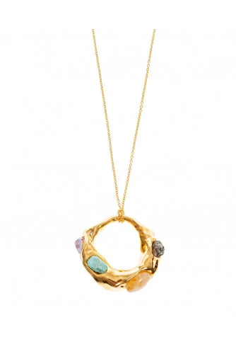 Collier Marni gold avec anneau martelé, pierres semi précieuses