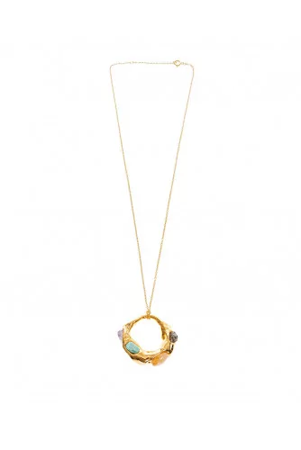 Collier Marni gold avec anneau martelé, pierres semi précieuses