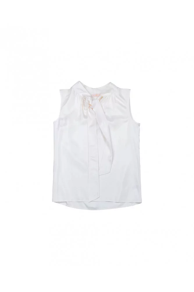 Sleeveless silk top with tie