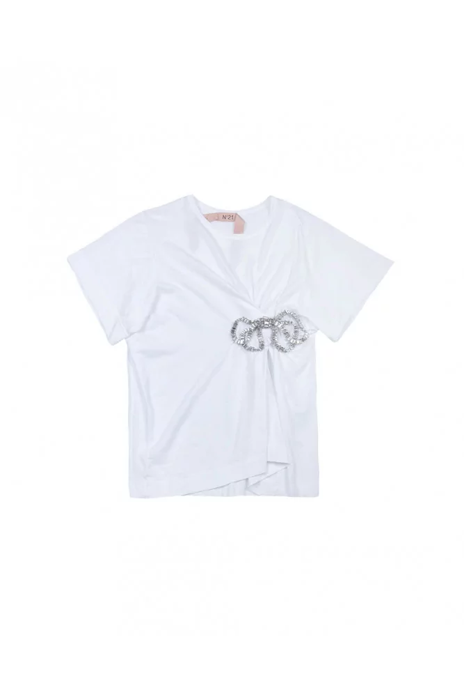 T-shirt N° 21 blanc avec noeud en swarovsky sur le côté pour femme