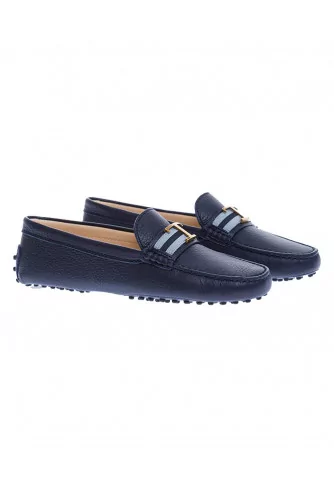 Mocassin Tod's "T Piatta" bleu marine patte bicolore et "T" en doré brossé