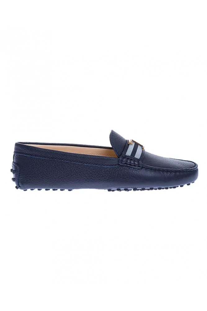 Mocassin Tod's "T Piatta" bleu marine patte bicolore et "T" en doré brossé