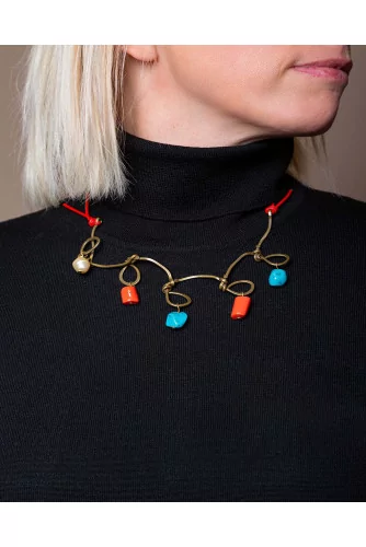 Necklace with hanging coral and turquoise stones
