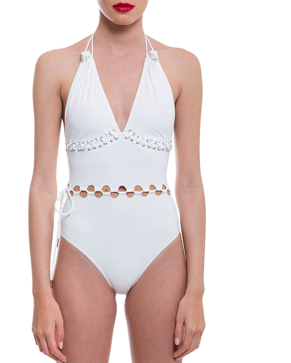 Maillot de bain décolleté V et lacets zig-zag